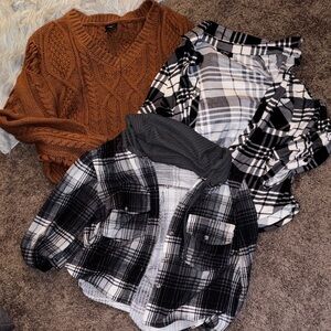 Cozy Brown Sweater and Plaid Tops Set